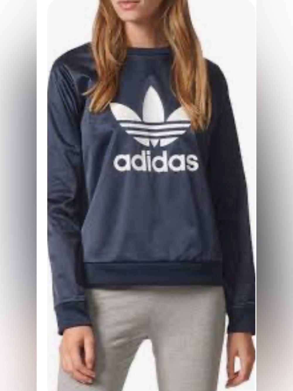 adidas Navy Blue satin Crewneck Sweatshirt with White Trefoil size S